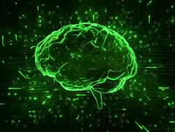 Spinning brain with circuit board background. Loopable. Green-Blue. Stock Footage