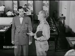 1951: EMERGENCY PREPAREDNESS: DRAMATIZATION: 'City official' explaining to 'Colonel' contingencies if this station should go out, or not be reachable. Civil Defense Plan, The Red Scare, McCarthyism. Instructional Video
