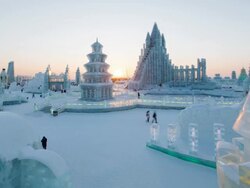Spectacular illuminated ice sculptures at the Harbin Ice and Snow Festival in Heilongjiang Province, Harbin, China - Time lapse Stock Footage