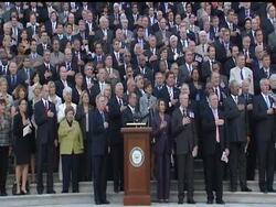 To mark the tenth anniversary of the September 11th attacks, members of Congress stood on the steps of the U.S. Capitol and sang the National Anthem. News Clip