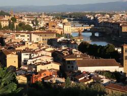 Magnificent elevated city view of Florence the Ponte Vecchio Bridge, Arno River, Florence, Italy Stock Footage