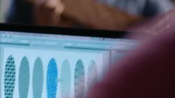 Skate shop worker looks at longboard design patterns on laptop computer as owner shows off new board Stock Footage