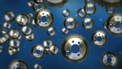 Metal gears float through a liquid blue environment. Stock Footage