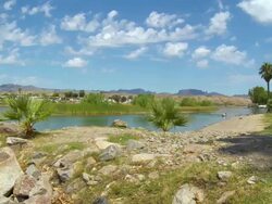 PAN, WS, River bank and railroad bridge crossing Colorado River, Parker, Arizona, USA Stock Footage