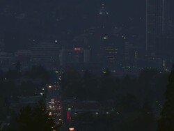 WS View of Portland, Oregon sits mong trees at night with traffic lights uproads / Portland, Oregon, United States  Stock Footage