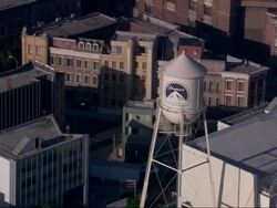 Aerial MS TS Paramount Water Tower and Backlot at Paramount Pictures / Hollywood, California, United States. Stock Footage