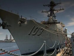 Medium static-A ship docks in a bay. / Mississippi, USA Stock Footage