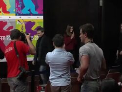 Salma Hayek, Alex de la Iglesia, Carolina Herrera Bang at As Luck Would Have It Press Conference: at the Grand Hyatt on February 15, 2012 in Berlin, Germany. (Footage by WireImage Video/Getty Images Entertainment Video)  Stock Footage