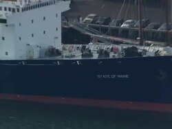 MS AERIAL PAN ZI ZO View of cargo ship at dock at Castine / Maine, United States Stock Footage