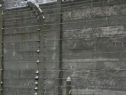 CU PAN Shot of 'Halt' sign at Auschwitz with snow rain / Auschwitz-Birkenau, Krakow, Poland Stock Footage