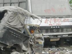 WS PAN Wrecked auto rickshaws by roadside / Patna, Bihar, India Stock Footage