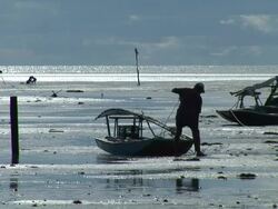  MS ZO fisherman working on his regional boat at brazilian northeast coast /  Rio Grande do Norte, Brasil Stock Footage
