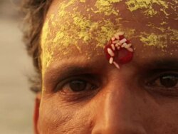 Portrait of a sage with tika on his forehead, Haridwar, Uttarakhand, India Stock Footage