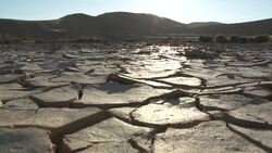 Sun shines on cracked terrain in the Namib Desert, South Africa. Stock Footage