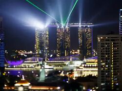 Elevated view towards Marina Bay Sands, the Singapore river and City Skyline, Singapore, South East Asia Stock Footage