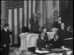 B/W 1933 high angle Vice President Garner hitting gavel / House of Reps repealing prohibition Stock Footage
