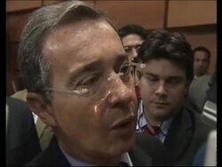 Bush speaks in favour of free trade agreement with Colombia, Uribe reax News Clip