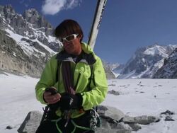 WS Off Piste Skier using GPS on Glacier/Mer de Glace/French Alps Stock Footage