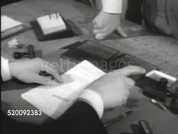 1951: SELECTIVE SERVICE: DRAMATIZATION: EXT US Army building. Draftees in line, man in suit stamping paperwork, paper being stamped 'accepted', man stamping paperwork 'not qualified for the armed forces', young adult male reacting, leaving building. Instructional Video