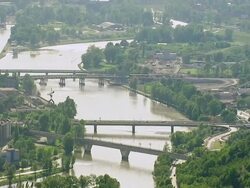 MS AERIAL View of bridges over river city / Prague, Czech Republic Stock Footage