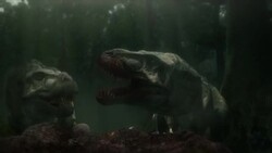 Tyrannosaurus Rexes feed on a triceratops in a computer generated animation. Stock Footage