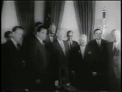 B/W 1959 Richard Nixon, Dwight Eisenhower + Nikita Khrushchev posing for cameras indoors / newsreel Stock Footage