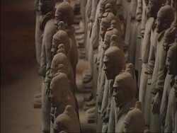 Terracotta Army, side view, tilt up, Museum of Qin, Xian, China Stock Footage