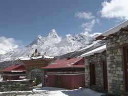 WS PAN View of Main Entrance Door at Tengboche Monastery with Chorten / Tengboche,  Khumbu Region, Nepal Stock Footage