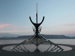 WS Shot of Solfario 'the sun voyager' sculpture in reykjavik in front of ocean / Reykjavik, Borgarfjaroarsysla, Iceland Stock Footage