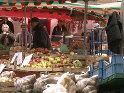 MS TU People in local farmer's market buying fruit and vegetables / Weisbaden, Hesse, Germany Stock Footage