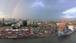 Aerial view of container ship anchored in the Port of Thailand Stock Footage