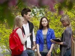 Students chat on university campus Stock Footage