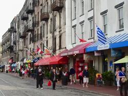 MS Shot of savannah Georgia famous tourist river street with shops and tourists / Savannah, Georgia, United States Stock Footage