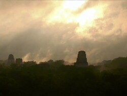 WS View of morning mist, wind and sunrise over ancient at Mayan city AUDIO / Tikal, Peten Basin, Guatemala   Stock Footage