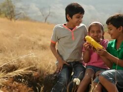 Three Kids eating corn at hill station Stock Footage