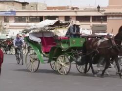 MS Shot of people walking on street with hourse carriage running at Djemaa El Fnaa / Sahara Desert, Morocco Stock Footage