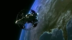 A spacecraft transports humans from Earth in a computer-generated animation. Stock Footage