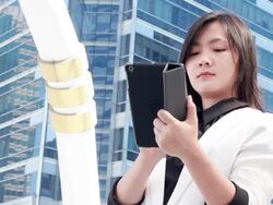 Tablet for business,Bangkok city Stock Footage