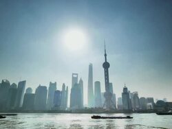 WS Sunrise over Shanghai skyline, China Stock Footage
