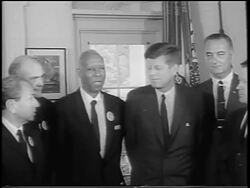 B/W August 28, 1963 A. Philip Randolph + civil rights leaders with JFK + LBJ after March on Washington Stock Footage