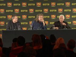 INTERVIEW: Jimmy Page, John Paul Jones on why they changed their music for the O2 at Led Zeppelin Celebration Day Press Conference on September 21, 2012 in London, England (Footage by WireImage Video/Getty Images) Stock Footage