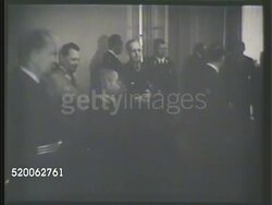 1941: BERLIN, GERMANY: * INT GRAINY VS Yosuke Matsuoka meeting German diplomats in lobby, shaking hands w/ Adolf Hitler, speaking through translator (no SOT). Military alliance, Axis power, World War II, WWII Instructional Video