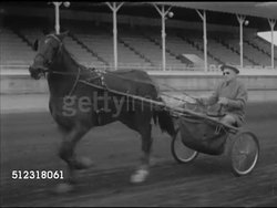 1952: HARNESS RACING: ELKHORN: VS Harness race driver Art Shaw w/ whip in hand in horse sulky driving galloping horse (gait, trot, pace) on Walworth County Fairgrounds horse racing track, driving horse into barn. WI Instructional Video