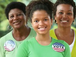 MS PAN Portrait of Three Generations of Women Wearing VOTE Buttons / Richmond, Virginia, USA Stock Footage