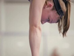  MS Gymnast performing hand stand on balance beam / Vancouver, British Columbia, Canada Stock Footage