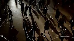 people walking in the city connected with animated data stream numbers concept Stock Footage