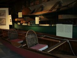 Demonstration of old canoes in a museum Stock Footage