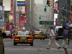 MS Yellow cabs, signals and Pedestrian crossing on street / New York, United States Stock Footage