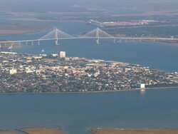 WS AERIAL View of bridge with Charleston city / South Carolina, United States Stock Footage