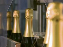 CU Champagne bottles on production line / Wiltingen, Saar-Valley, Rhineland-Palatinate, Germany Stock Footage